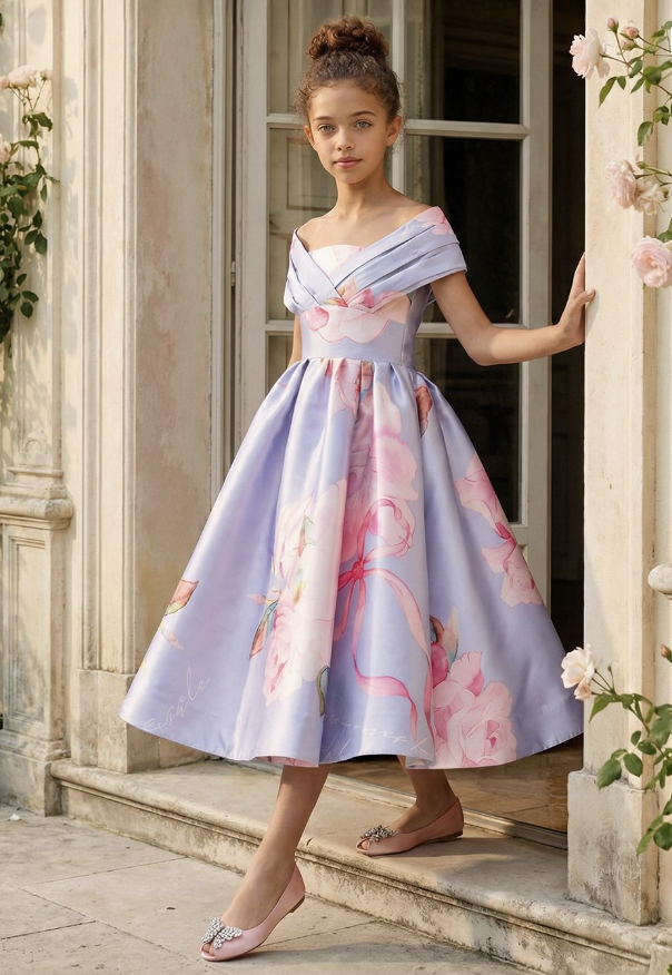 Lilac off-shoulder gown fabric